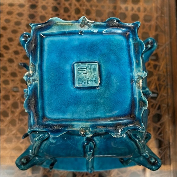 Chinese Antique Peacock Blue Glazed Porcelain Zun Vase with Four Sheep Deco - Picture 9 of 9